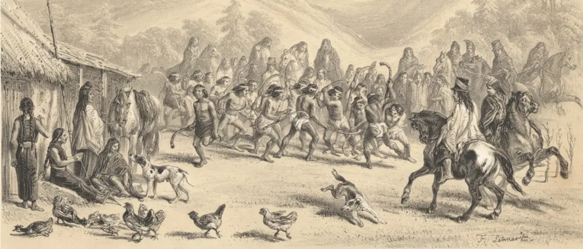 Mapuche sobre una roca en la alta montaña sostiene un wiño en su mano una noche con luna llena